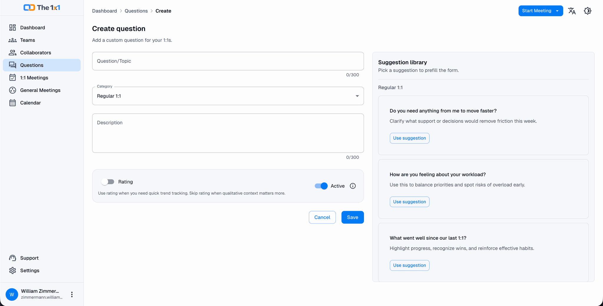 Question library page showing reusable templates and custom prompts