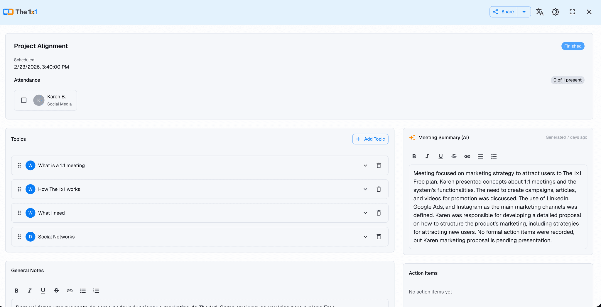 General meeting workspace with agenda, notes, and AI panels