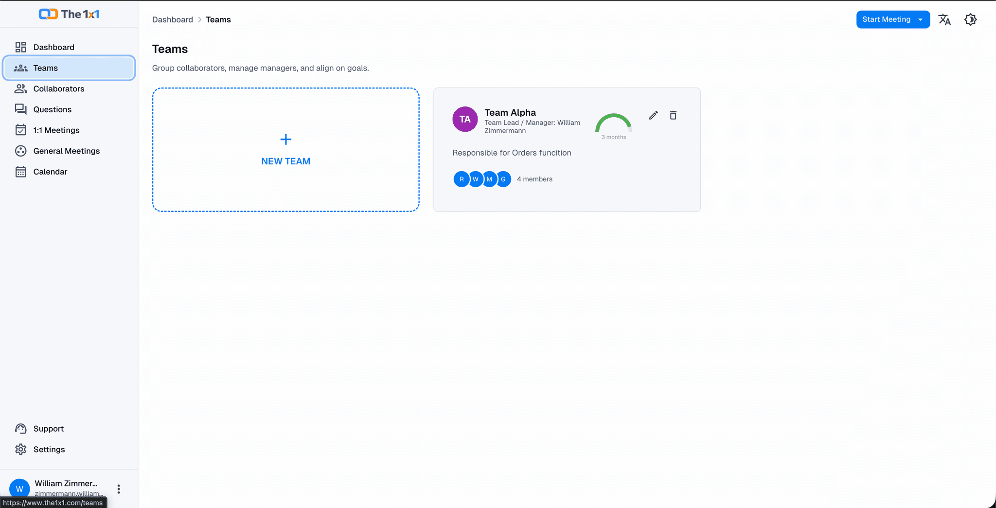 Teams and collaborators pages with 6-month mood indicators