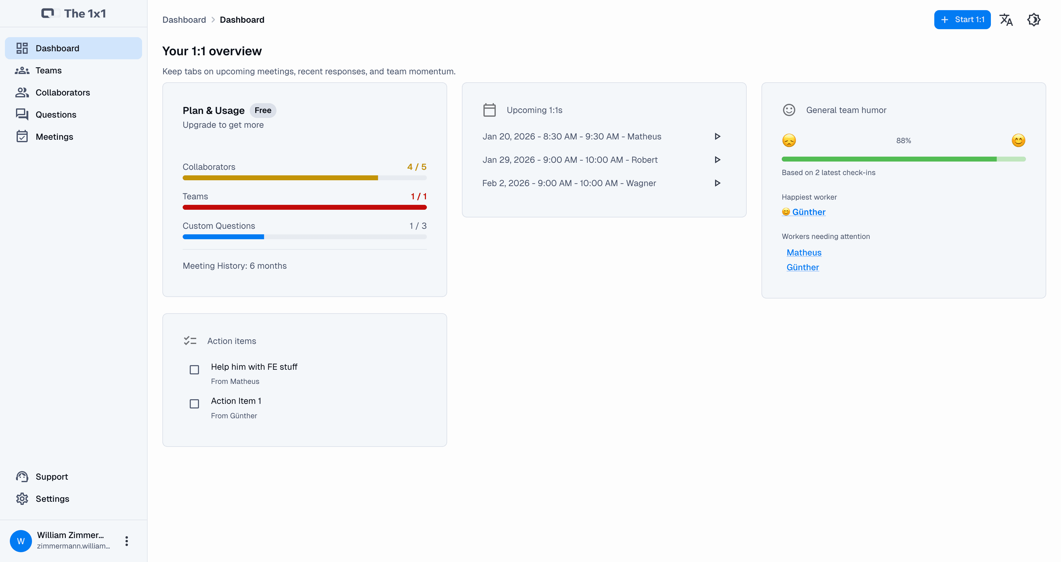 The 1x1 dashboard with team and meeting overview